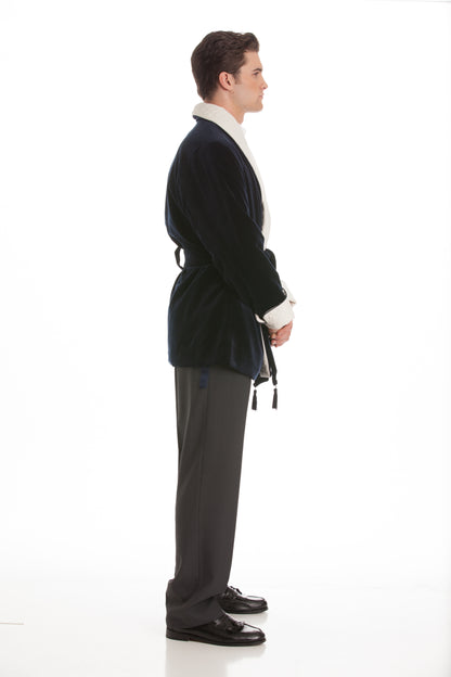 Men's Black Velvet Smoking Jacket with White Quilted Collar