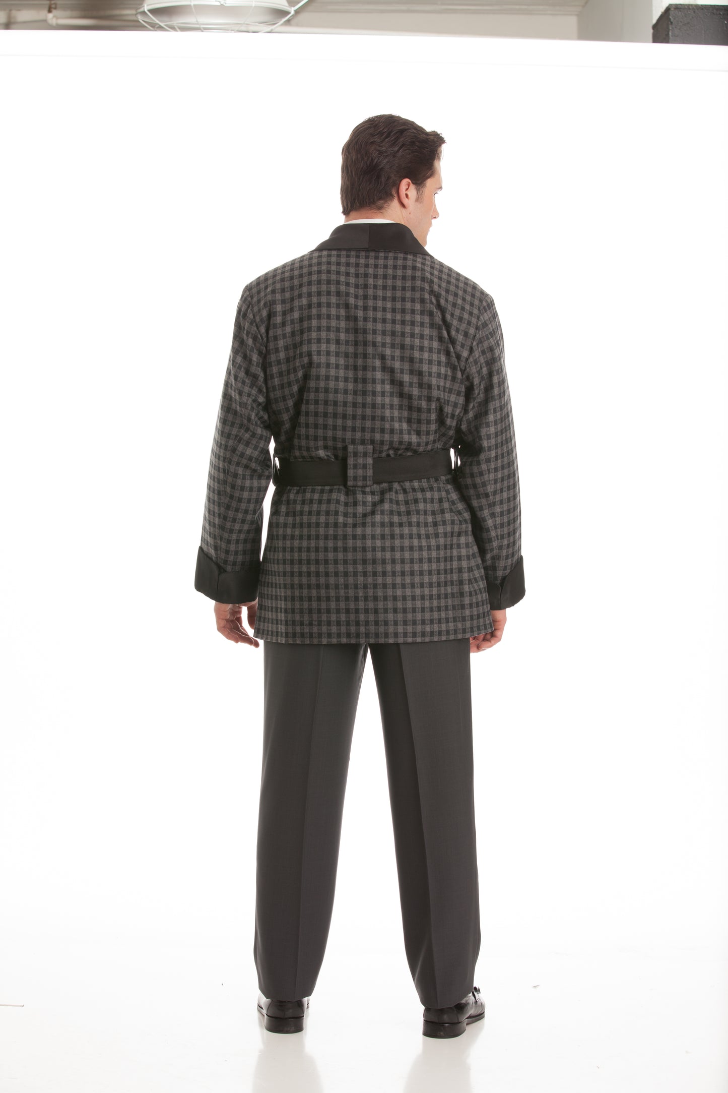 Wool Smoking Jacket - Gray Houndstooth with Black Collar