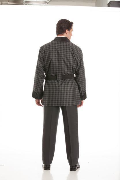 Wool Smoking Jacket - Gray Houndstooth with Black Collar