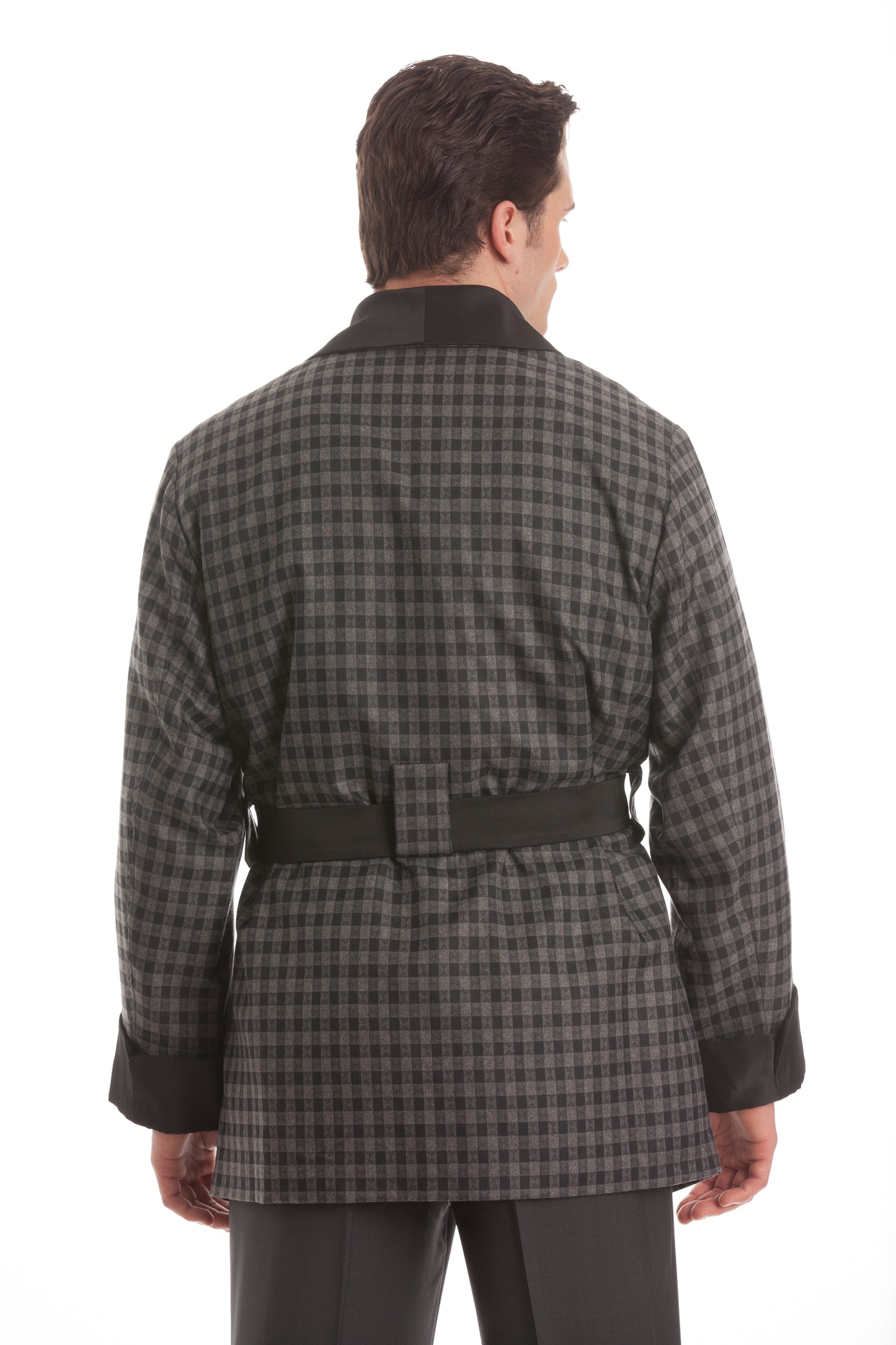 Wool Smoking Jacket - Gray Houndstooth with Black Collar