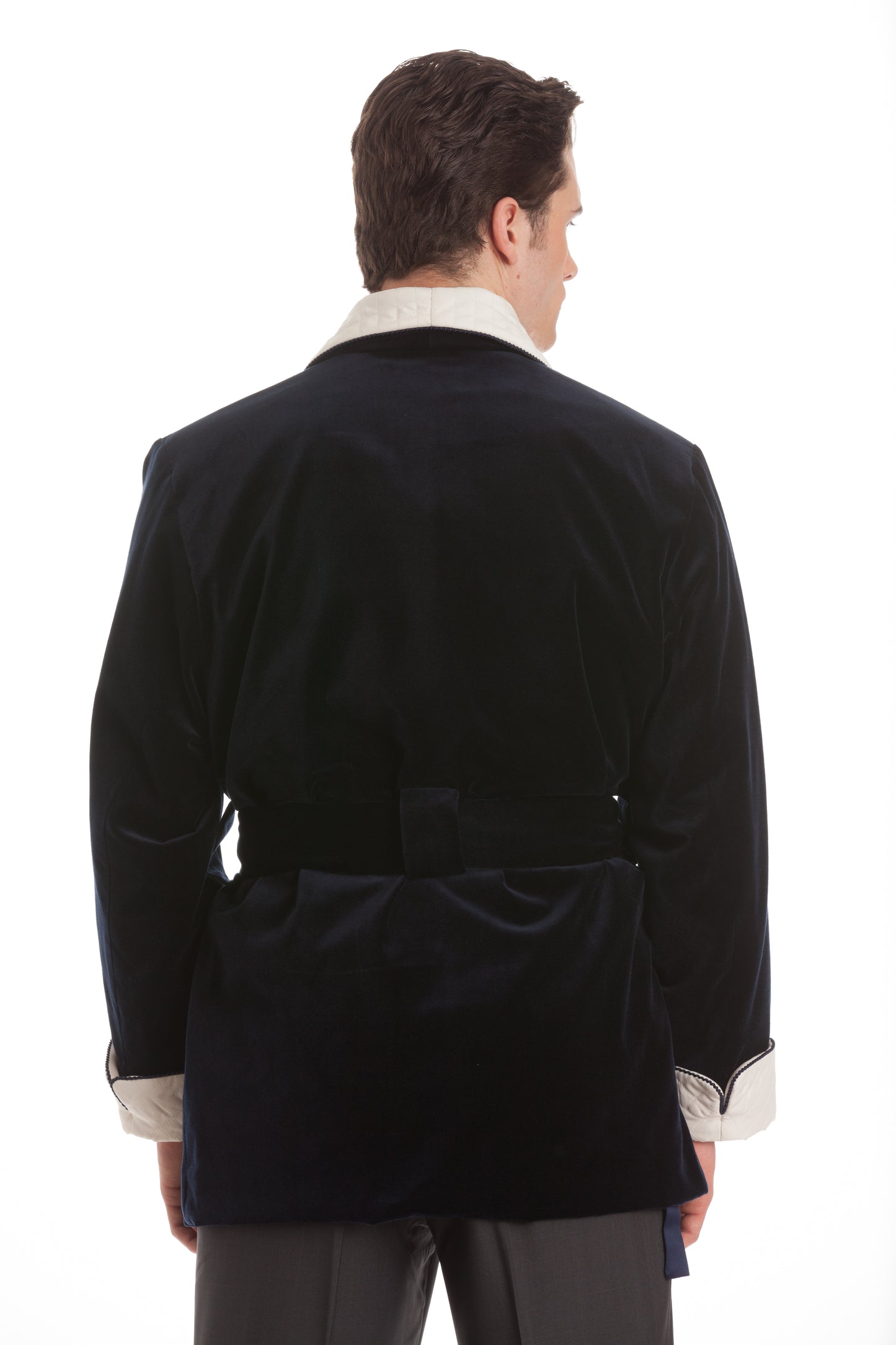 Men's Black Velvet Smoking Jacket with White Quilted Collar