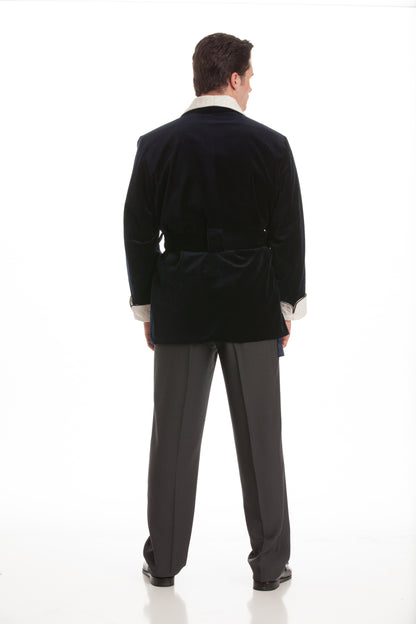 Men's Black Velvet Smoking Jacket with White Quilted Collar