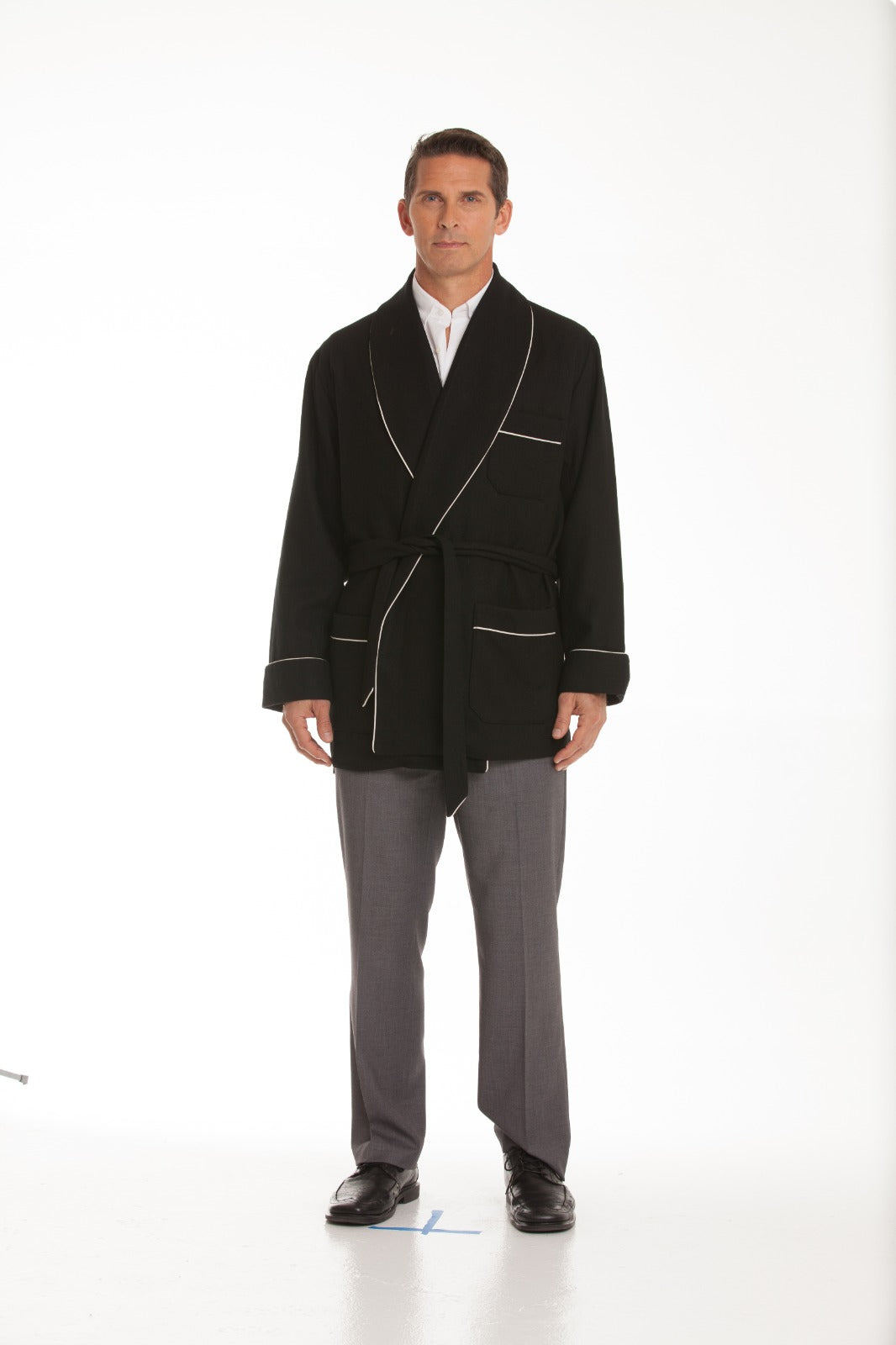 Men's Black Velvet Smoking Jacket with Quilted Shawl Collar