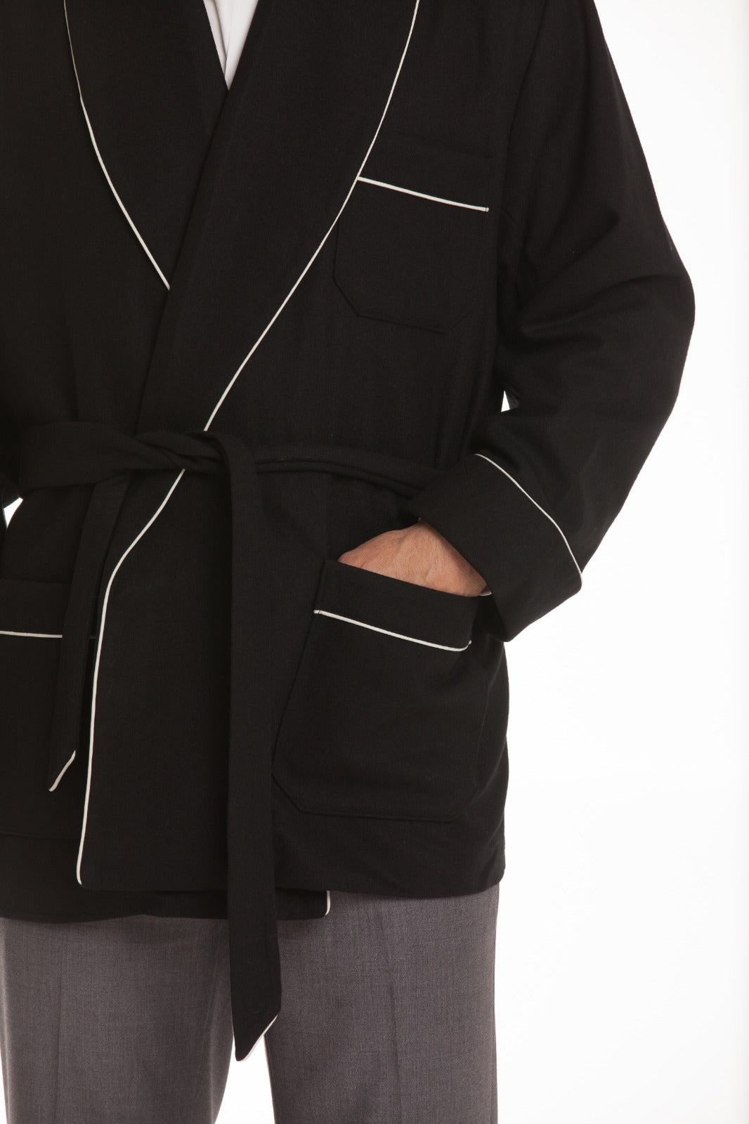 Men's Black Velvet Smoking Jacket with Quilted Shawl Collar