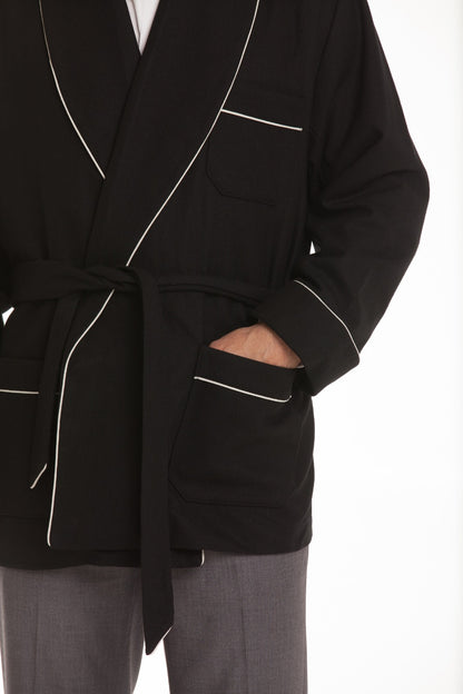 Men's Black Velvet Smoking Jacket with Quilted Shawl Collar