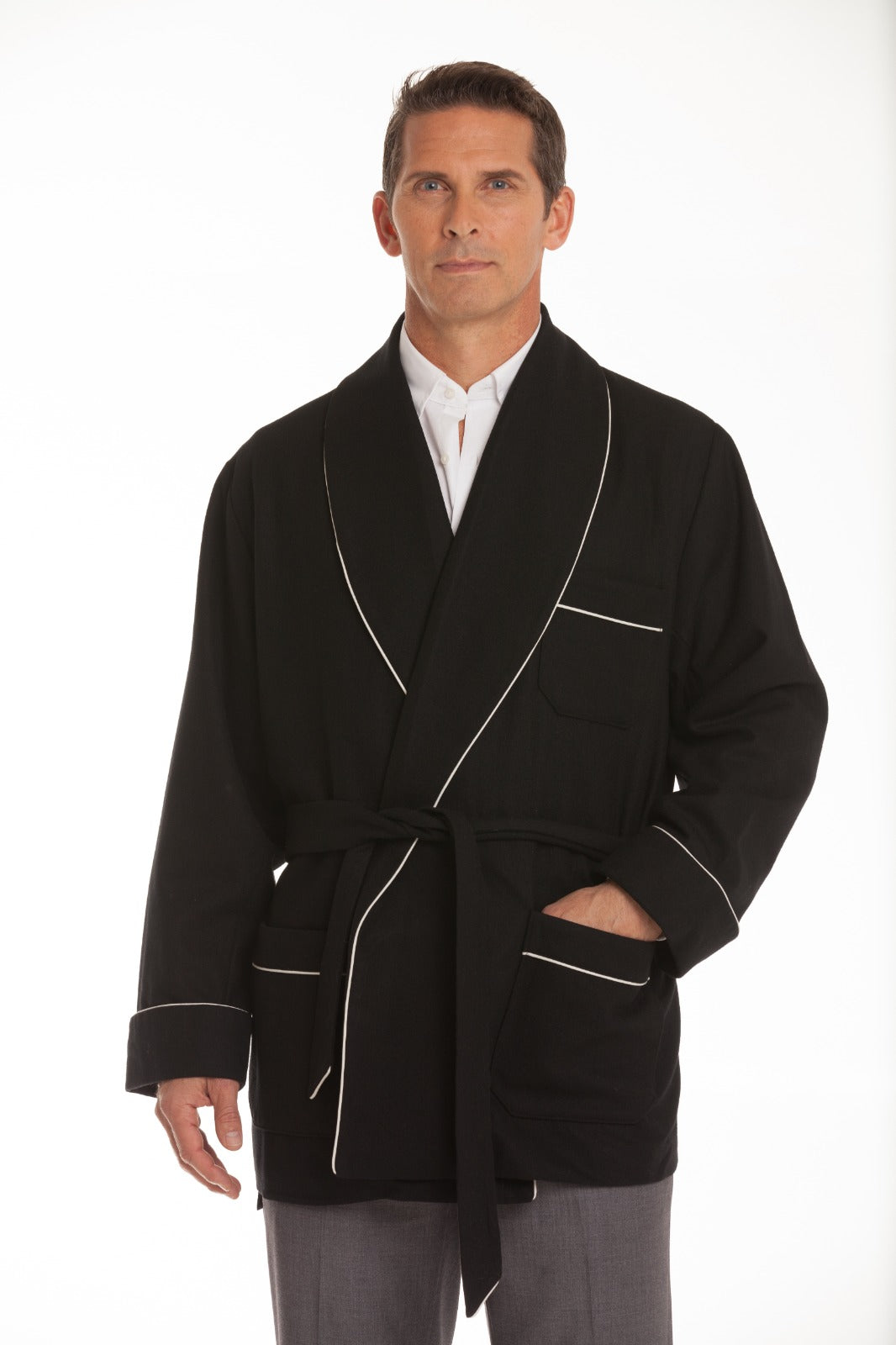 Men's Black Velvet Smoking Jacket with Quilted Shawl Collar