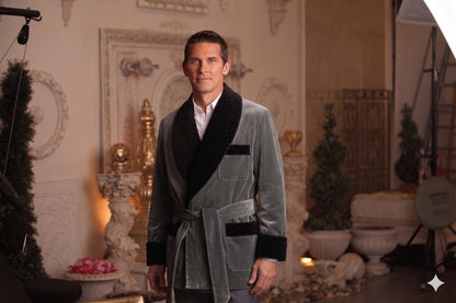 Men's Grey Velvet Smoking Jacket with Black Quilted Collar