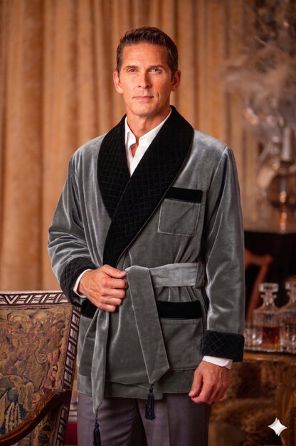 Men's Grey Velvet Smoking Jacket with Black Quilted Collar