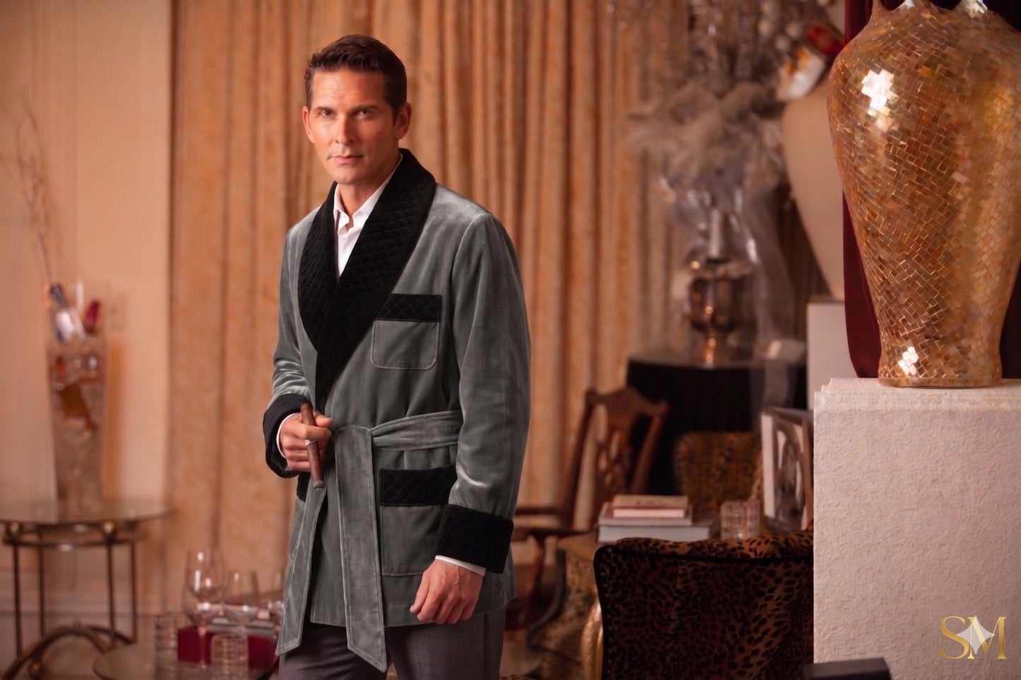Men's Grey Velvet Smoking Jacket with Black Quilted Collar