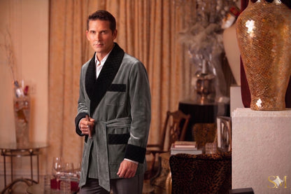 Men's Grey Velvet Smoking Jacket with Black Quilted Collar