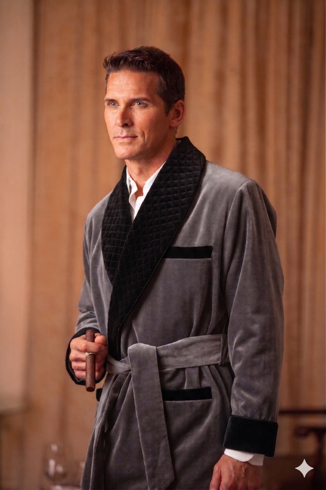 Men's Grey Velvet Smoking Jacket with Black Quilted Collar