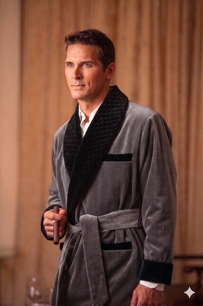 Men's Grey Velvet Smoking Jacket with Black Quilted Collar