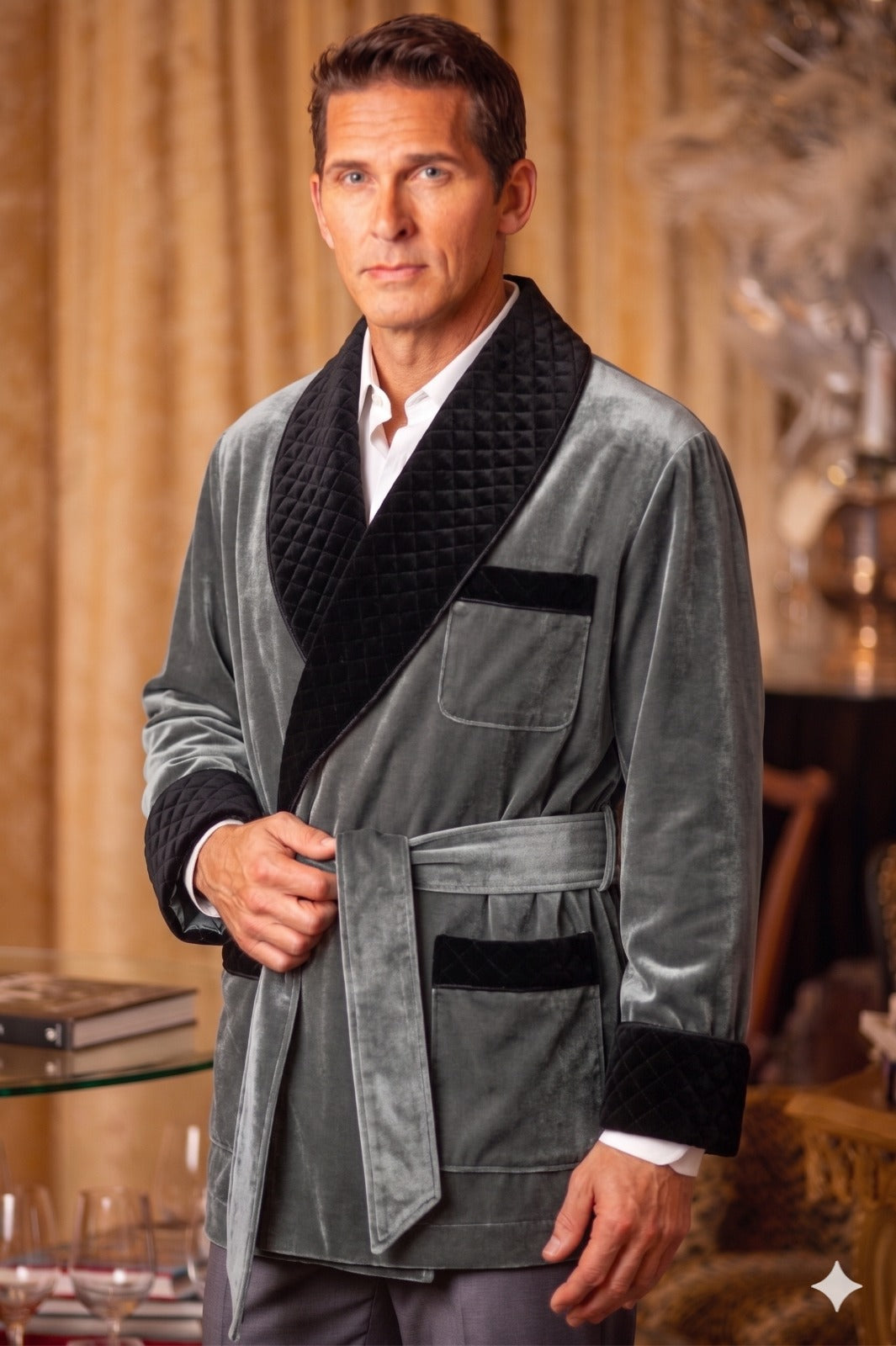 Men's Grey Velvet Smoking Jacket with Black Quilted Collar