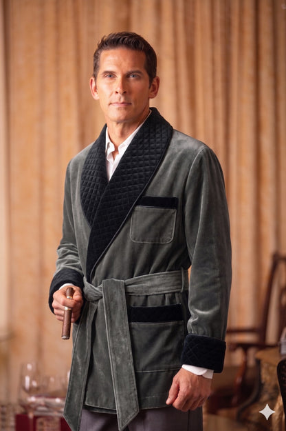 Men's Grey Velvet Smoking Jacket with Black Quilted Collar