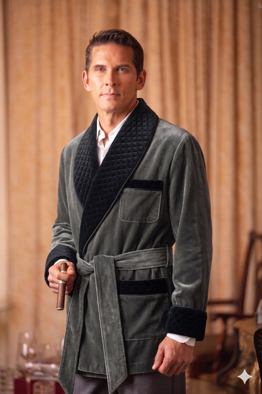 Men's Grey Velvet Smoking Jacket with Black Quilted Collar