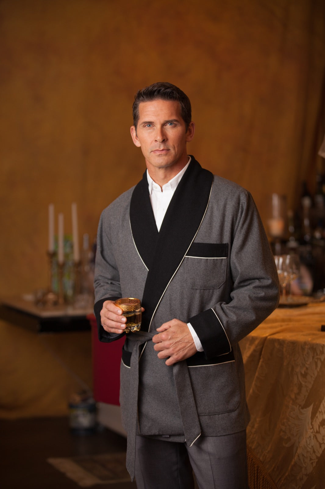 Men's Gray Wool Smoking Jacket with Black Quilted Collar