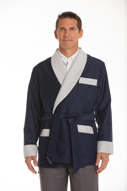 Men's Navy Satin Smoking Jacket with Gray Collar