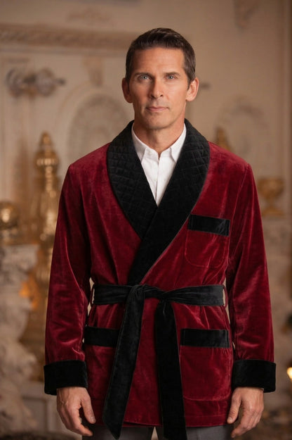 A man wearing a plush burgundy velvet bathrobe with black shawl collar, cuffs, and belt, styled over a white collared shirt and gray trousers, standing in an elegant, warm-toned interior setting.