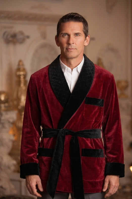 A man wearing a plush burgundy velvet bathrobe with black shawl collar, cuffs, and belt, styled over a white collared shirt and gray trousers, standing in an elegant, warm-toned interior setting.