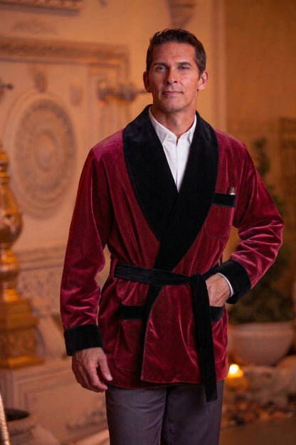 Men's Burgundy Velvet Smoking Jacket with Black Quilted Collar