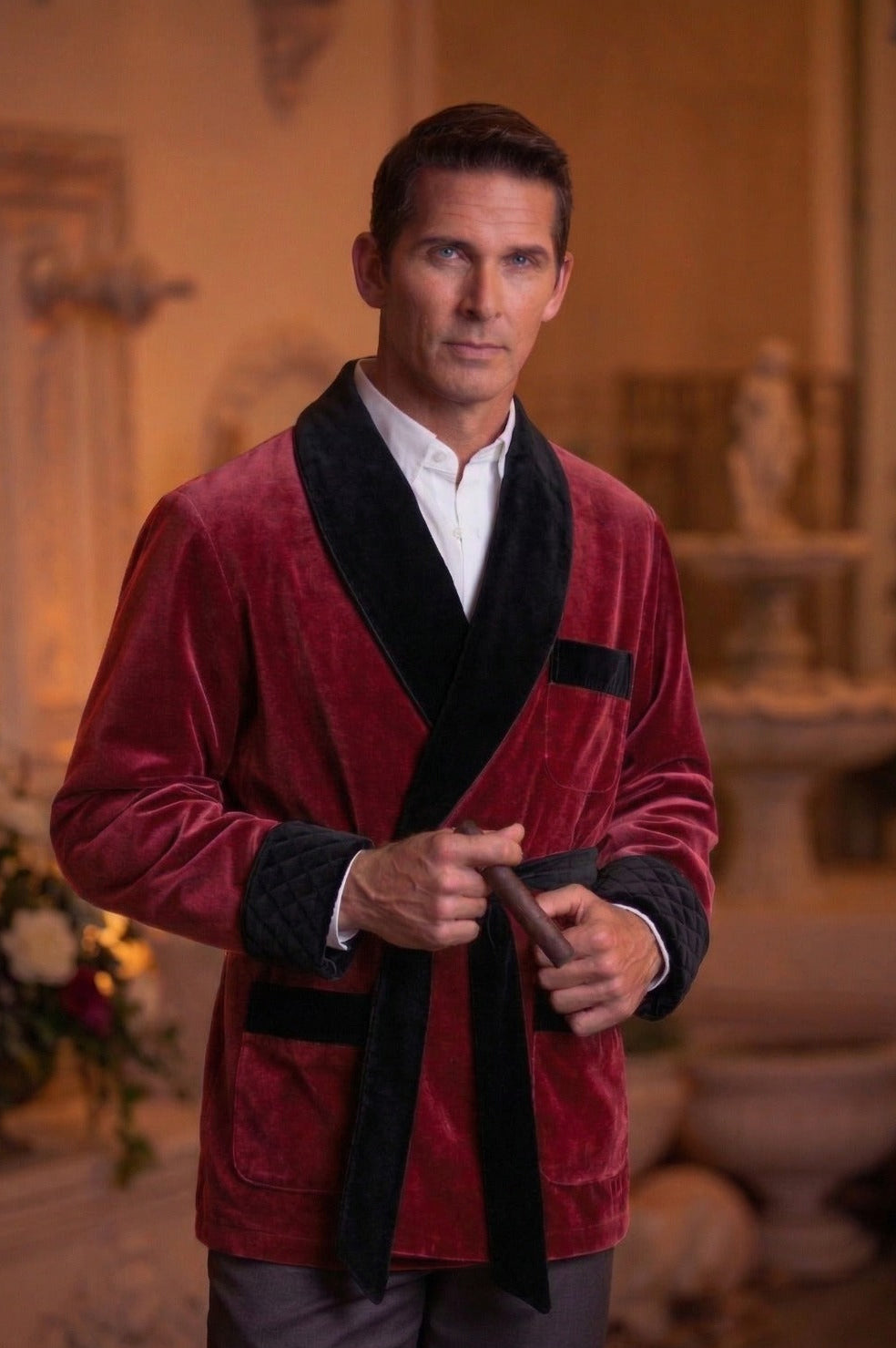 Men's Burgundy Velvet Smoking Jacket with Black Quilted Collar
