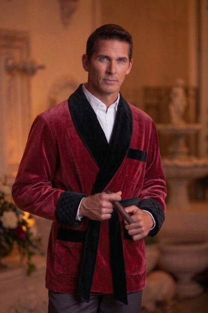 Men's Burgundy Velvet Smoking Jacket with Black Quilted Collar