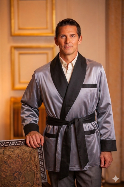 Satin Smoking Jacket - Grey With Black collar