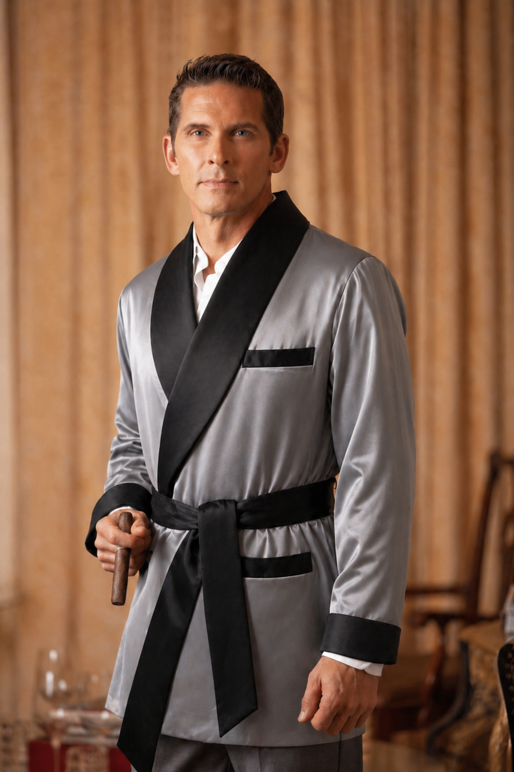 Satin Smoking Jacket - Grey With Black collar