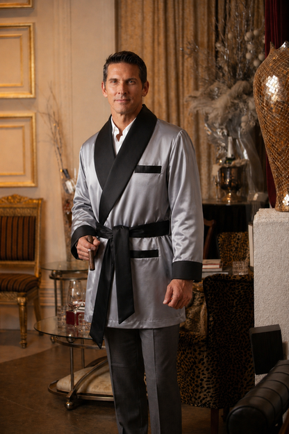 Satin Smoking Jacket - Grey With Black collar