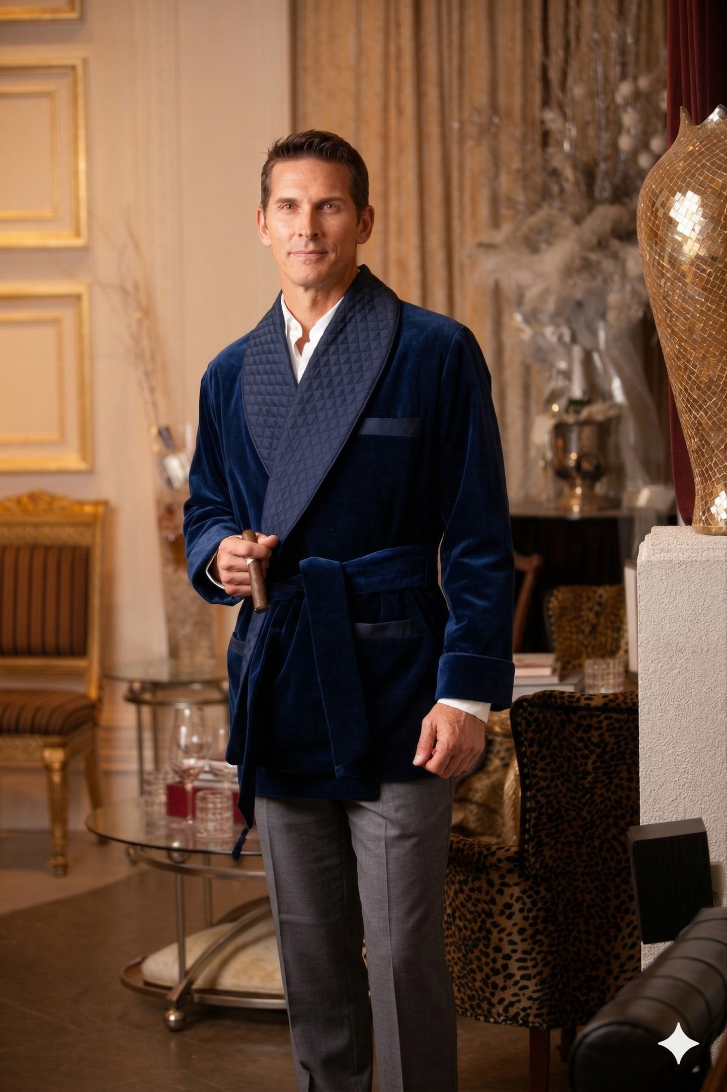 Men's Navy Velvet Smoking Jacket with Blue Piping