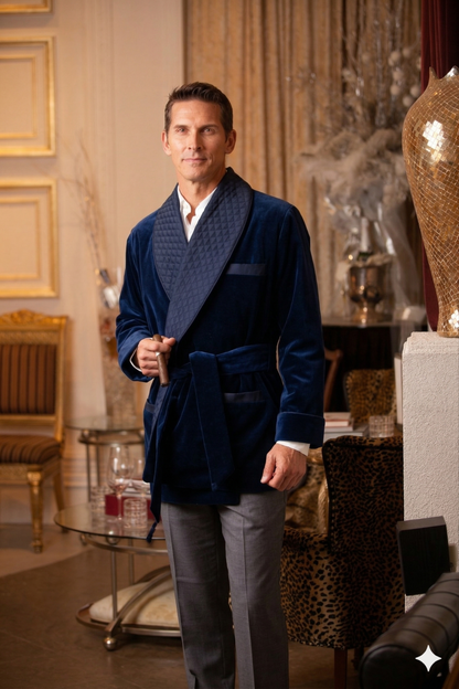 Men's Navy Velvet Smoking Jacket with Blue Piping
