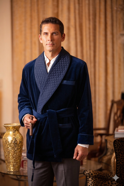 Men's Navy Velvet Smoking Jacket with Blue Piping