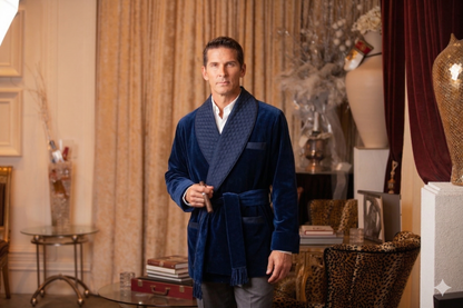 Men's Navy Velvet Smoking Jacket with Blue Piping