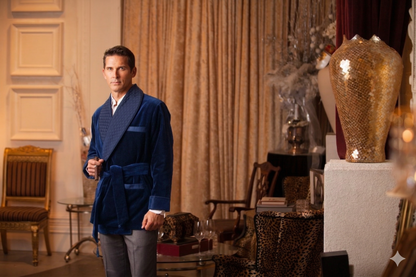 Men's Navy Velvet Smoking Jacket with Blue Piping