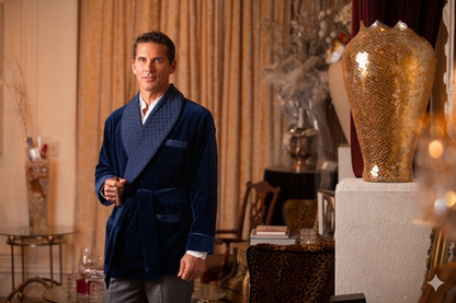 Men's Navy Velvet Smoking Jacket with Blue Piping