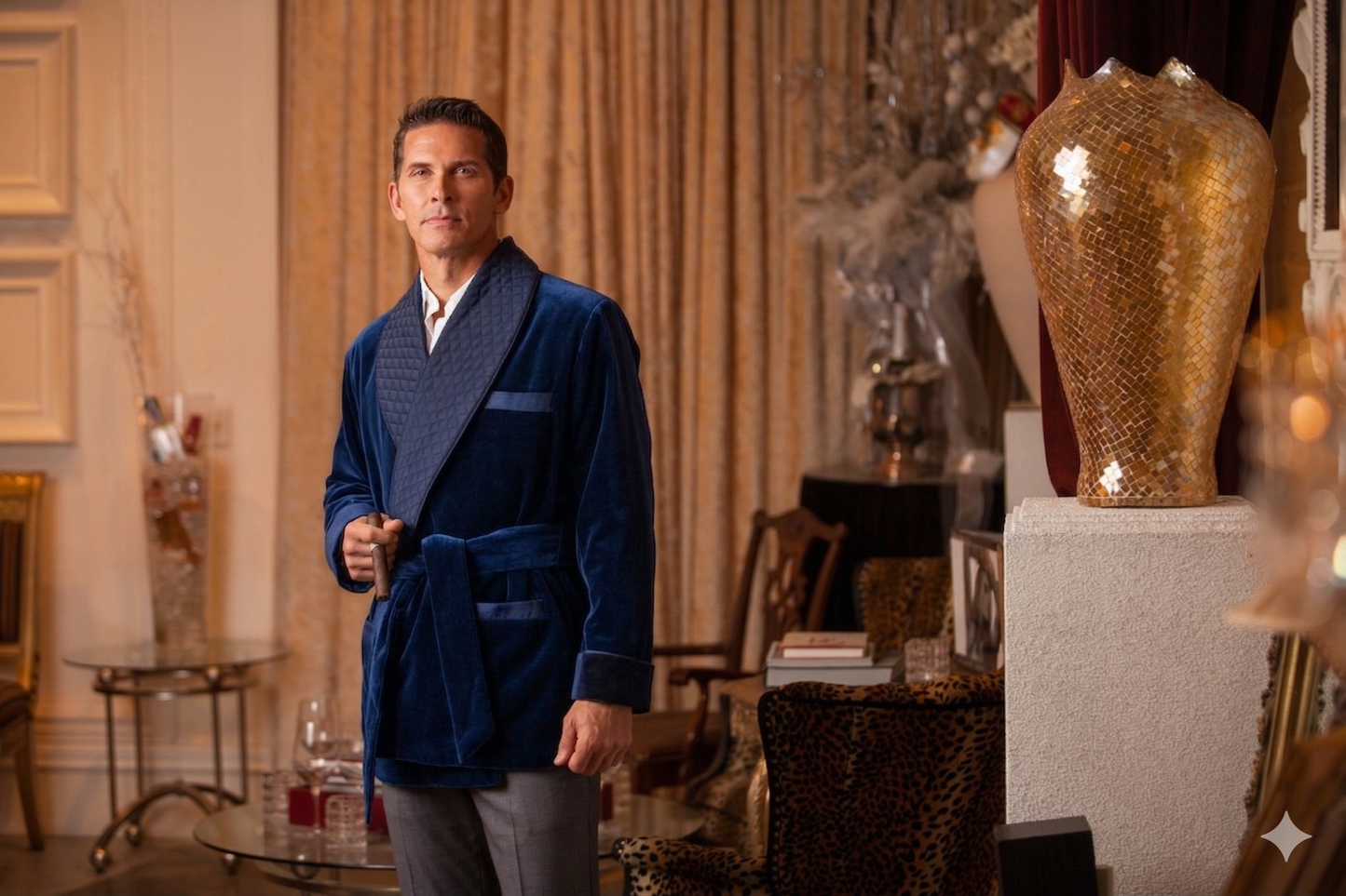 Men's Navy Velvet Smoking Jacket with Blue Piping