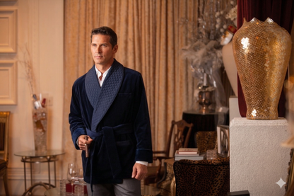 Men's Navy Velvet Smoking Jacket with Blue Piping