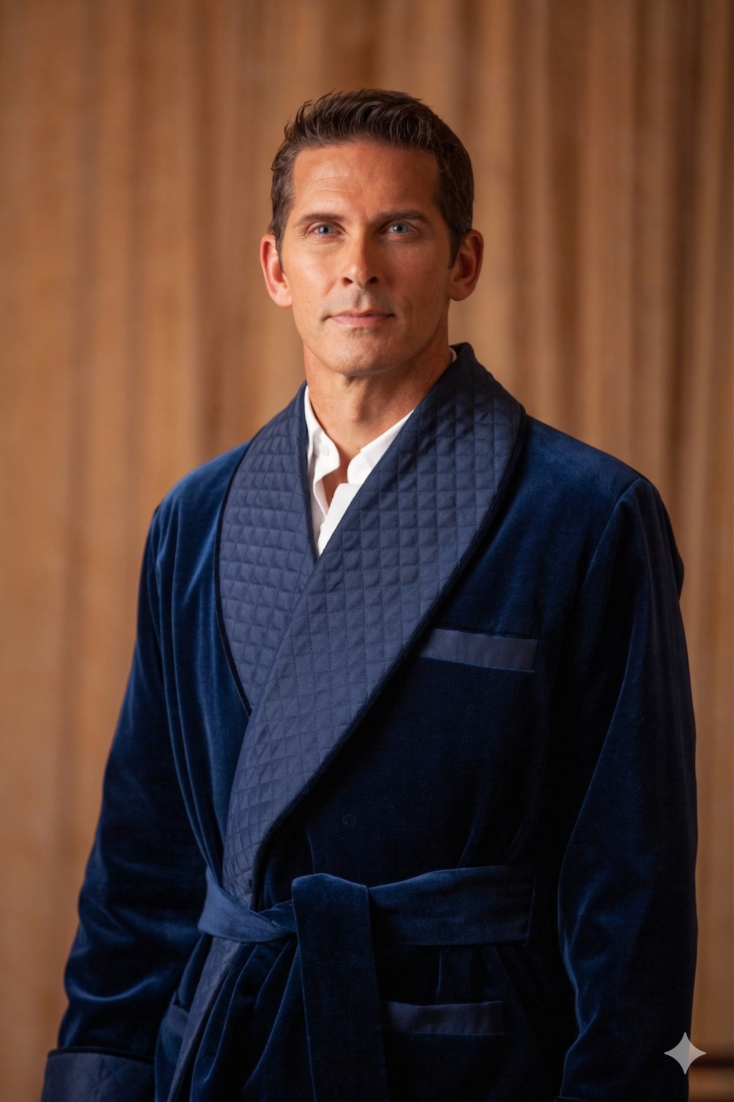 Men's Navy Velvet Smoking Jacket with Blue Piping