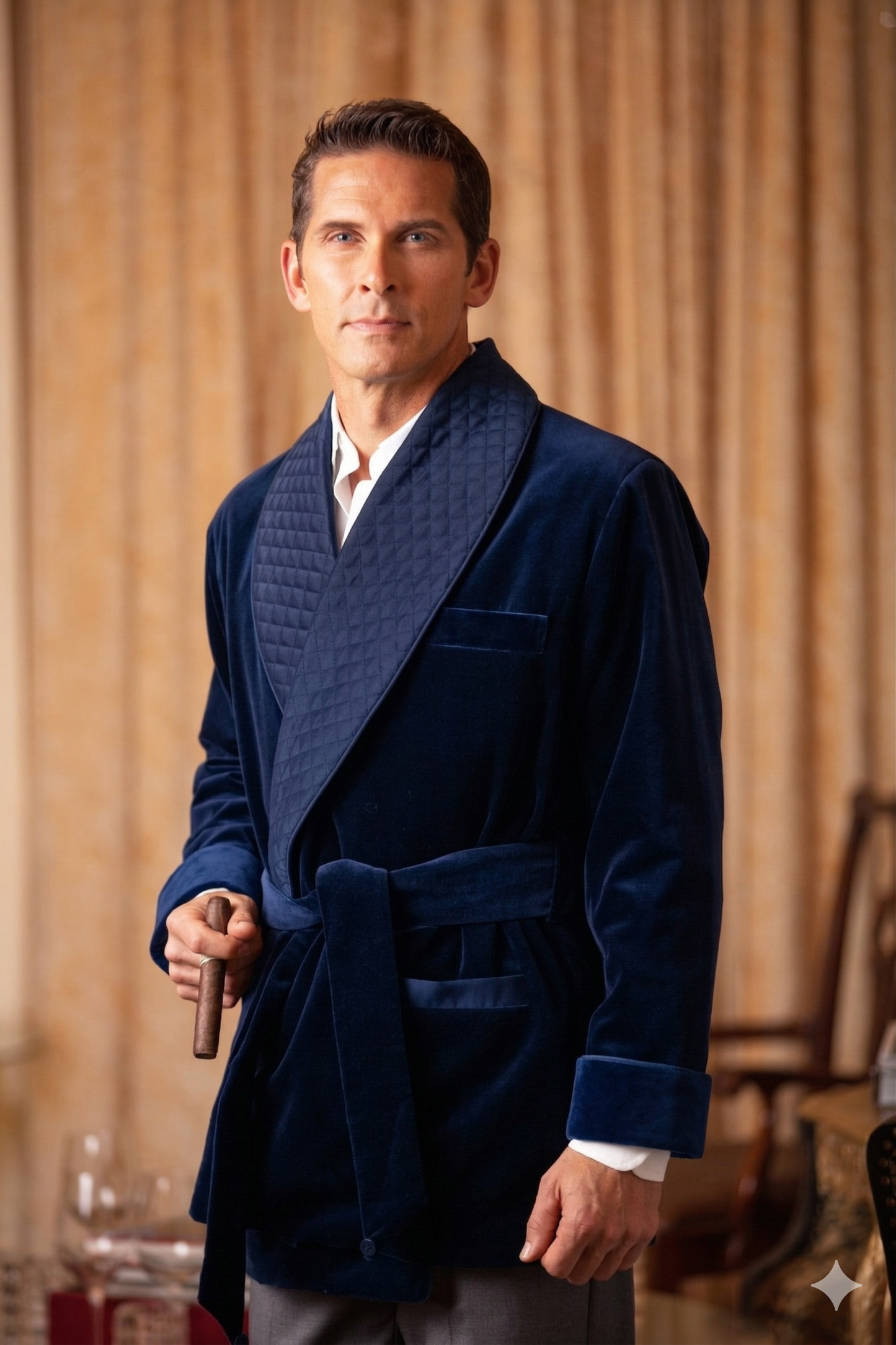 Men's Navy Velvet Smoking Jacket with Blue Piping