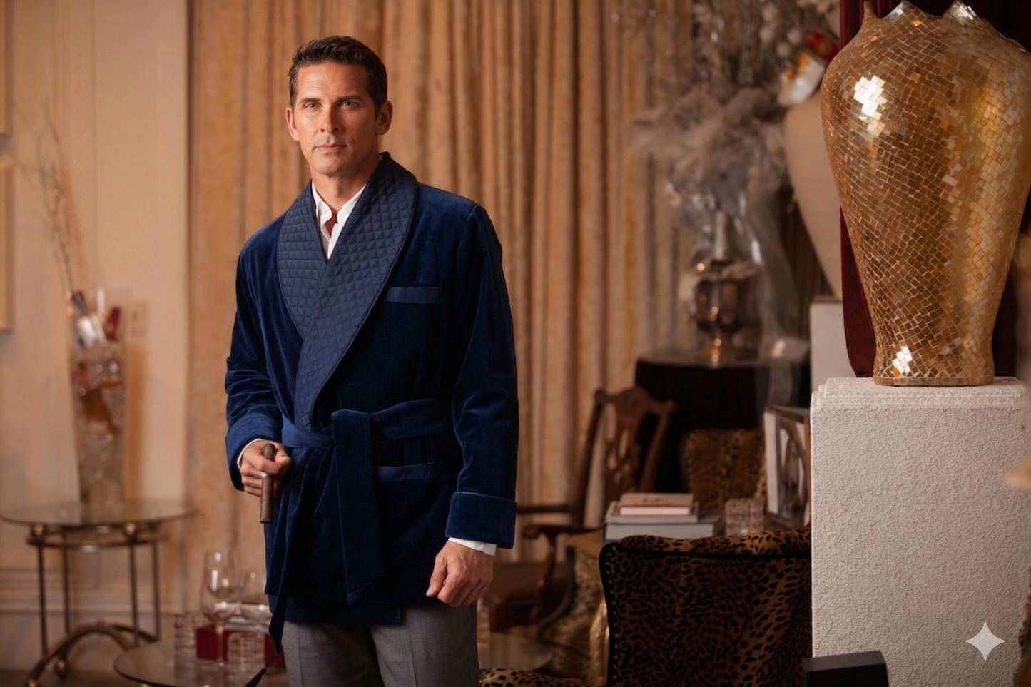 Men's Navy Velvet Smoking Jacket with Blue Piping