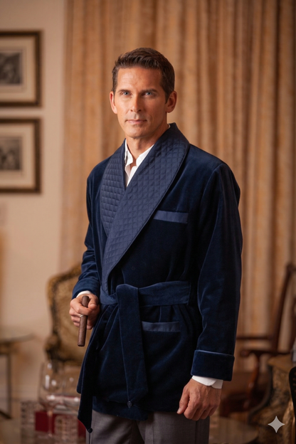 Men's Navy Velvet Smoking Jacket with Blue Piping