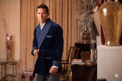 Men's Navy Velvet Smoking Jacket with Blue Piping