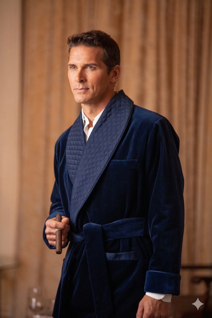 Men's Navy Velvet Smoking Jacket with Blue Piping