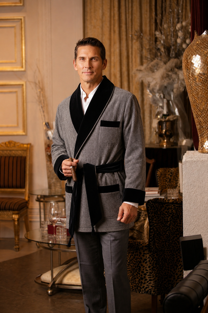 Wool  Smoking Jacket – Gray with Black Quilted Collar