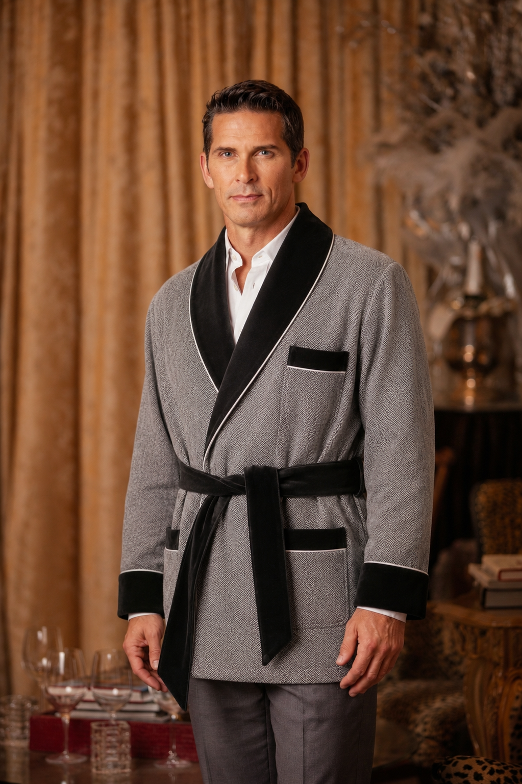 Wool  Smoking Jacket – Gray with Black Quilted Collar