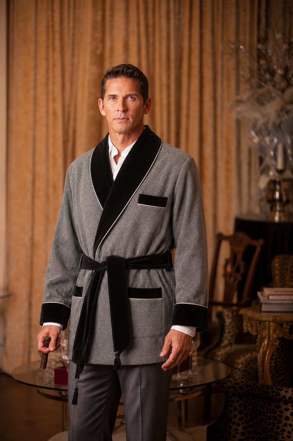 Wool  Smoking Jacket – Gray with Black Quilted Collar