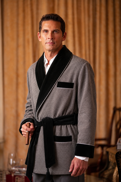 Wool  Smoking Jacket – Gray with Black Quilted Collar